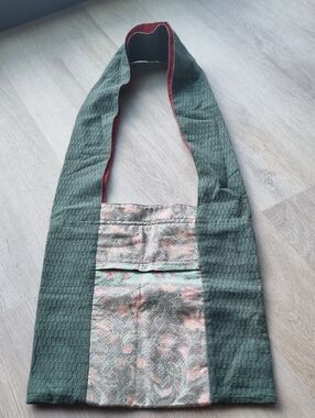 Green Woven Crossbody Tote with Silk Batik Floral Front Panel
